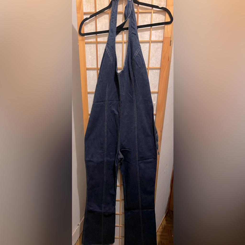 Bebe Demin Halter Neck Wide Leg Jumpsuit Size Large